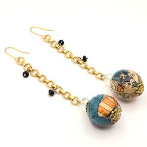 Unique Comic Book Art Paper Mache Statement Earrings Dangling Gold Tone Beaded